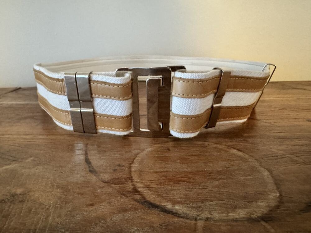MONICA NEGREIROS Wide Belt White Canvas Tan Leather Silver Double Prong